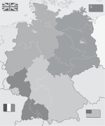 Deutschland 1949 mit den vier Besatzungszonen: Im Nordwesten britisch, im Osten sowjetisch, im Süden amerikanisch und im Südwesten französisch.