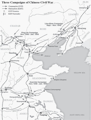 Die Karte zeigt den Vormarsch der Volksbefreiungsarmee vom Nordosten Chinas (Mandschurei) über Beijing bis nach Nanjing und Shanghai mit den großen Schlachten u.a. bei Jinzhou, Zhangjiakou, Xinbao’an, Hsupeng, Nianzhuang, Shuangduji